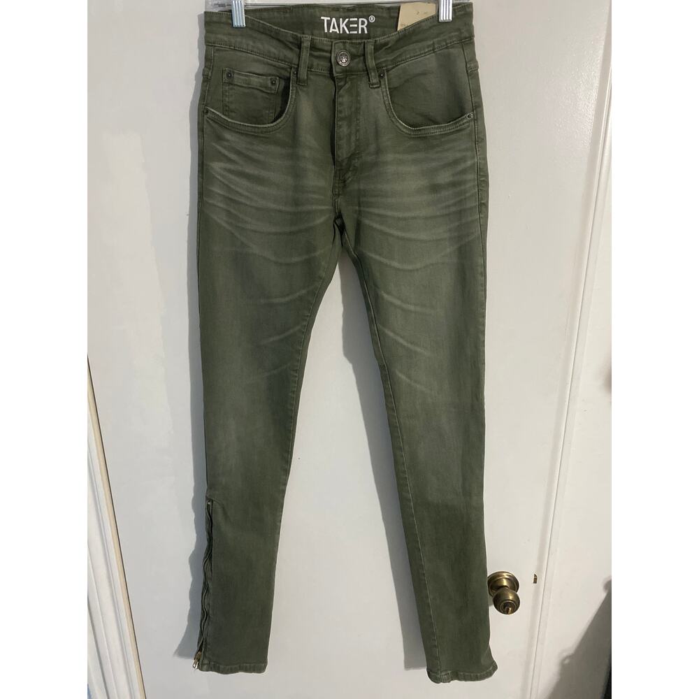 Taker stacked skinny fit jeans NEW men size 30x36 olive green stretch edgy $129